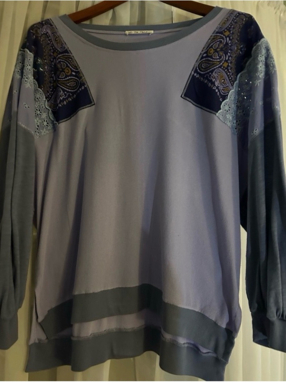 We The Free Lavender Pullover with Patchwork And Lace Top Size Large